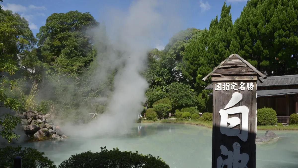 国指定名勝　白池地獄の写真。緑に囲まれた温泉からはたくさん湯気が出ている。